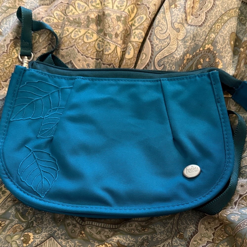 Haiku Blue Crossbody Bag with Leaf Design